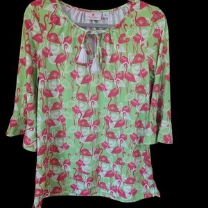 Flamingo Print Women's Top by Quacker Factory - Green and Pink